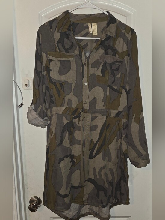 Japna Dresses & Skirts - Japna Olive and Gray Camo Shirt Dress with Tie Waist
